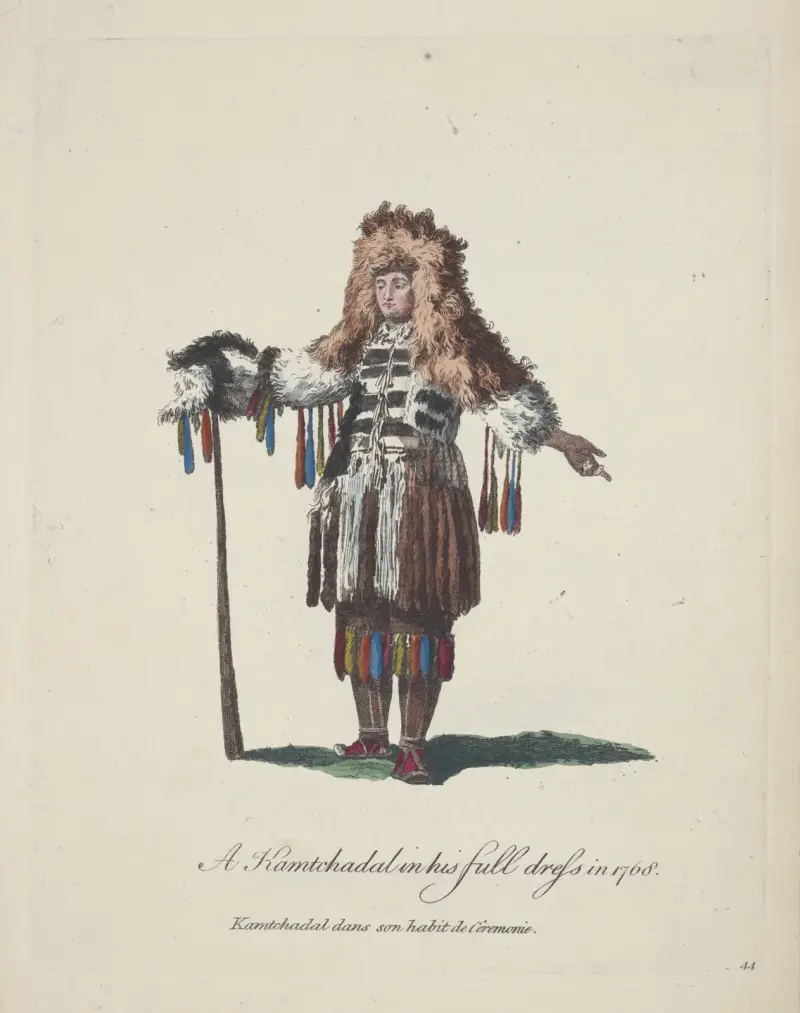 A Kamtchadal in his full dress in 1768. Kamtchadal dans son habit de cêremonie. av Charles Grignion