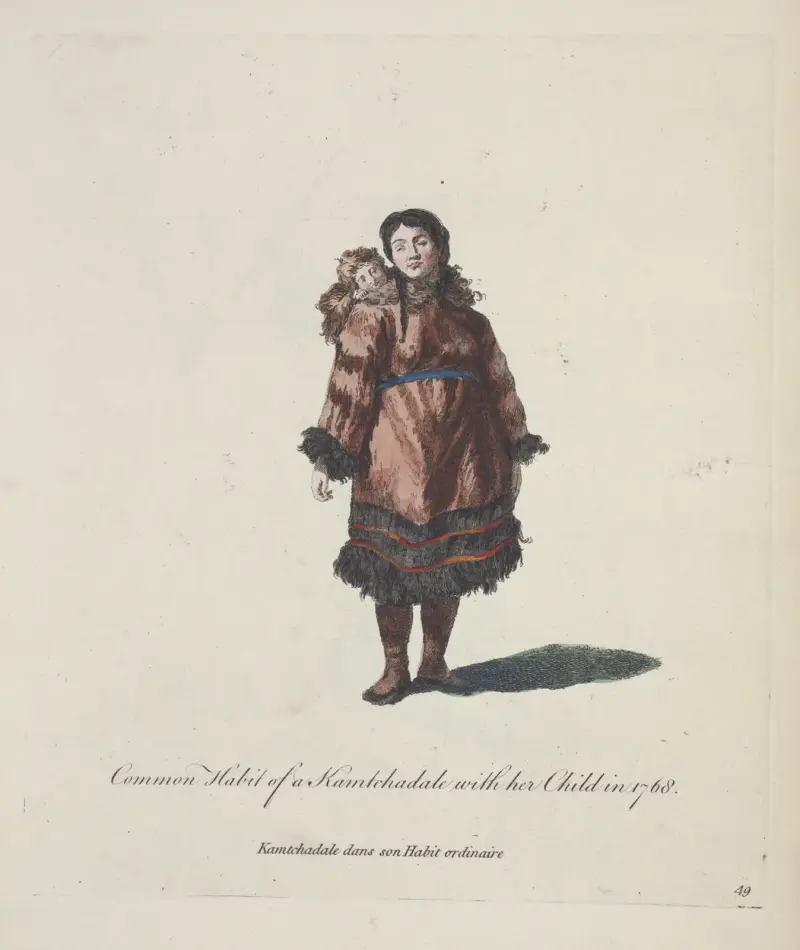 Übliche Tracht eines Kamtschadalen mit seinem Kind im Jahr 1768. Kamtschadale in seiner gewöhnlichen Kleidung von Charles Grignion