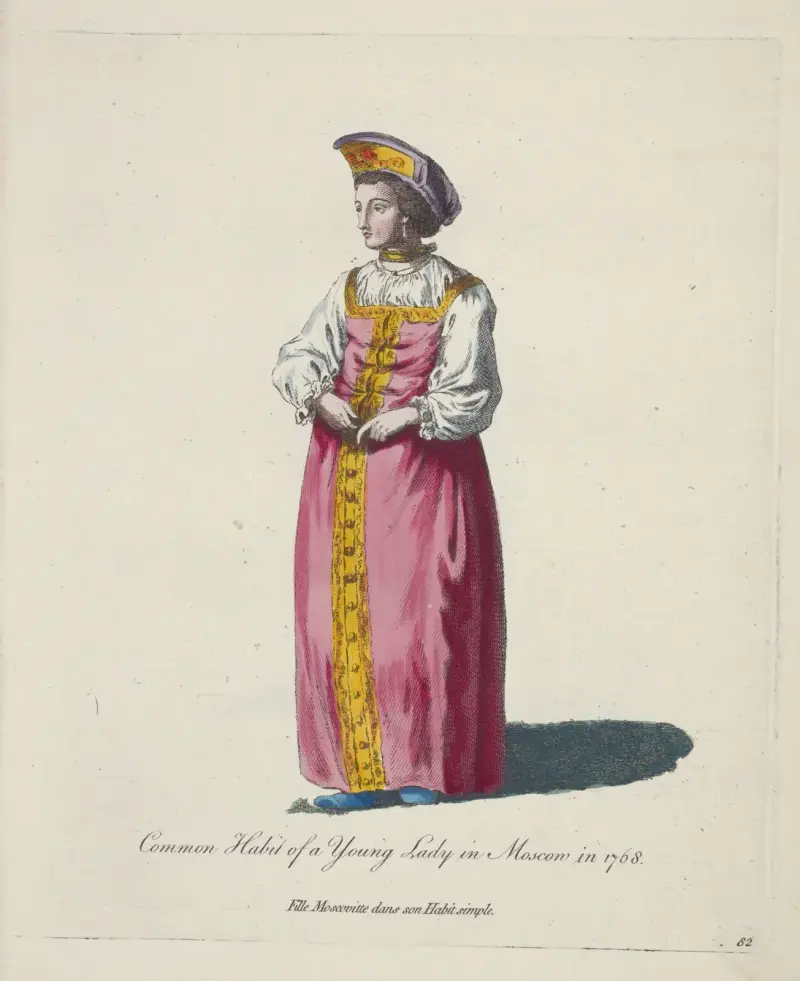 Common habit of a young lady in Moscow in 1768. Fille Moscovitte dans son habit simple. av Charles Grignion