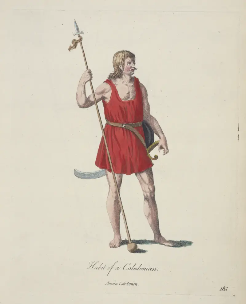 Dräkt från Kaledonien. Forntida kaledonier. av Charles Grignion