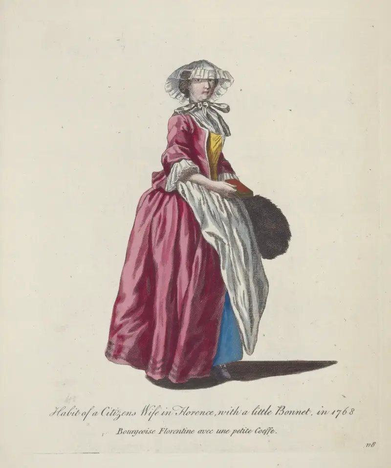 En medborgarhustrus dräkt i Florens, med en liten hätta, 1768 av Charles Grignion