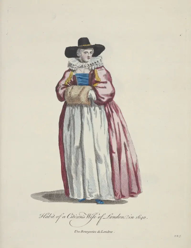 Habit of a citizen’s wife of London in 1640. Une bourgeoise de Londres. av Charles Grignion
