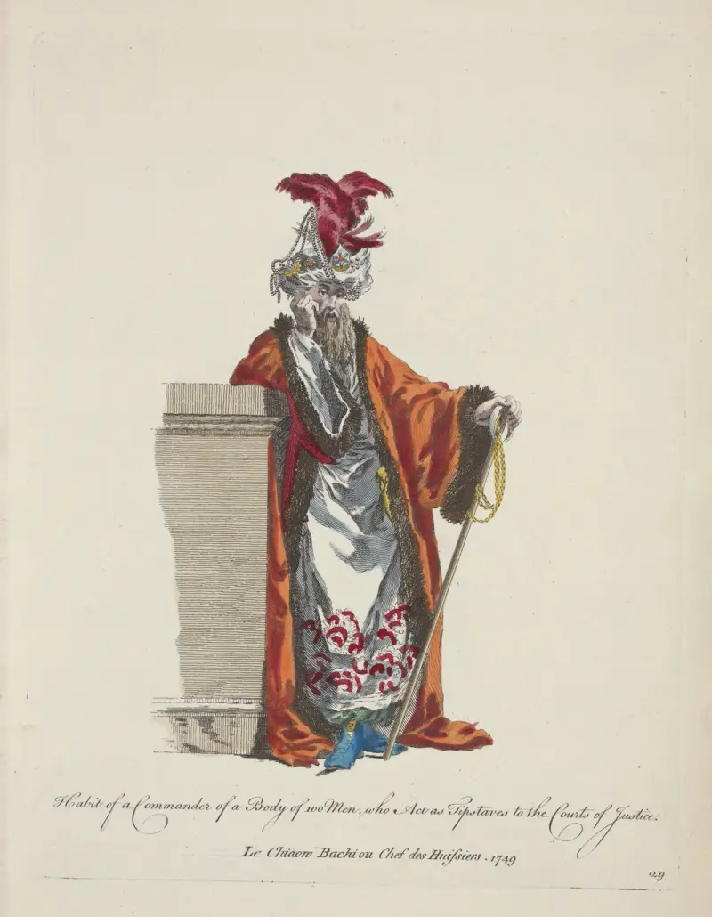 Dräkt för befälhavare över en grupp om 100 män, som tjänar som rättstjänare vid domstolarna. Le chiaoro bachi ou chef des huissiers 1749. av Charles Grignion