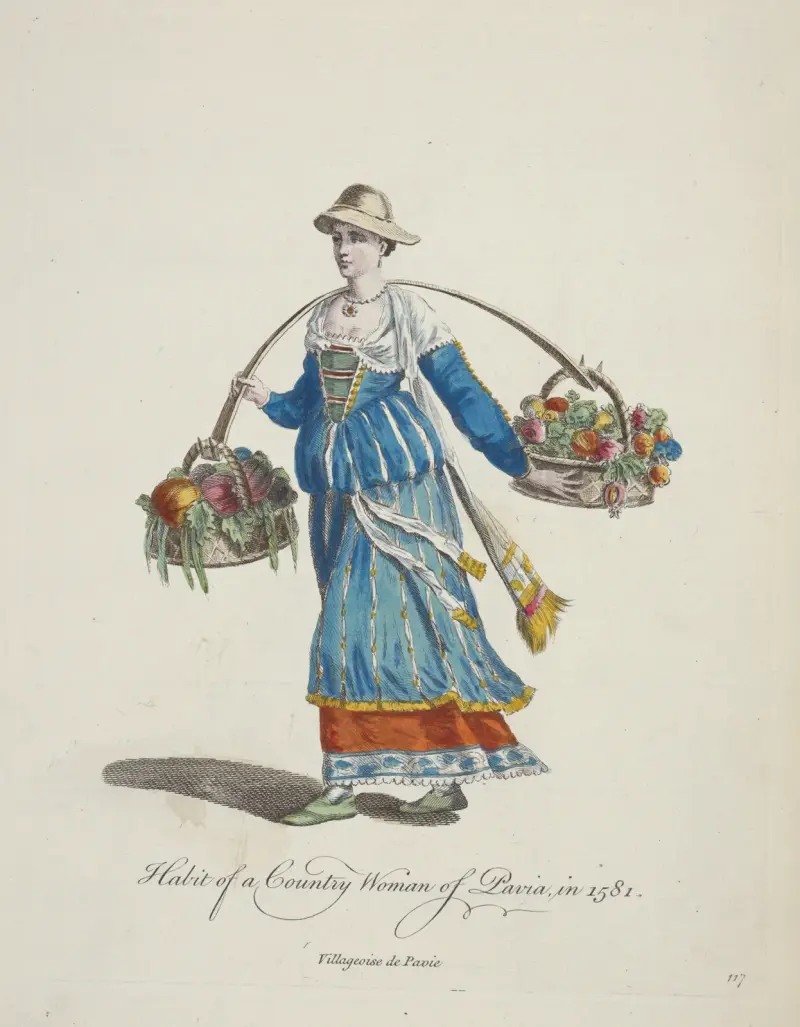 Habit of a country woman of Pavia in 1581. Villageoise de Pavie. av Charles Grignion