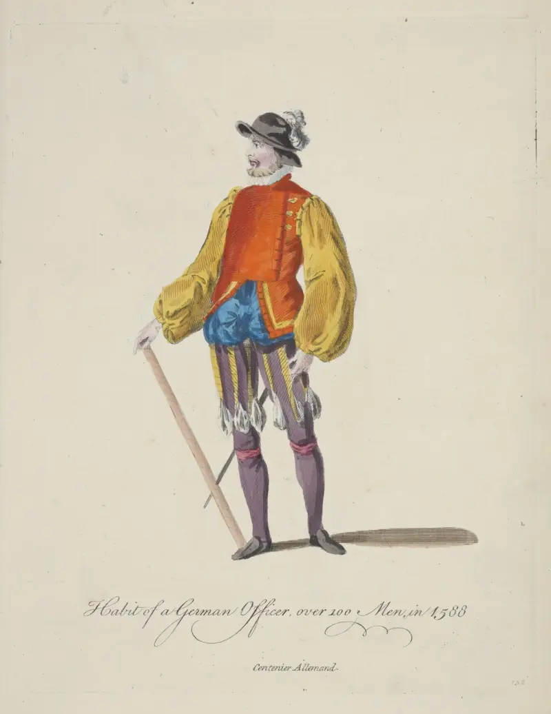 Tysk officersdräkt för över 100 man 1588. Centenier Allemand av Charles Grignion