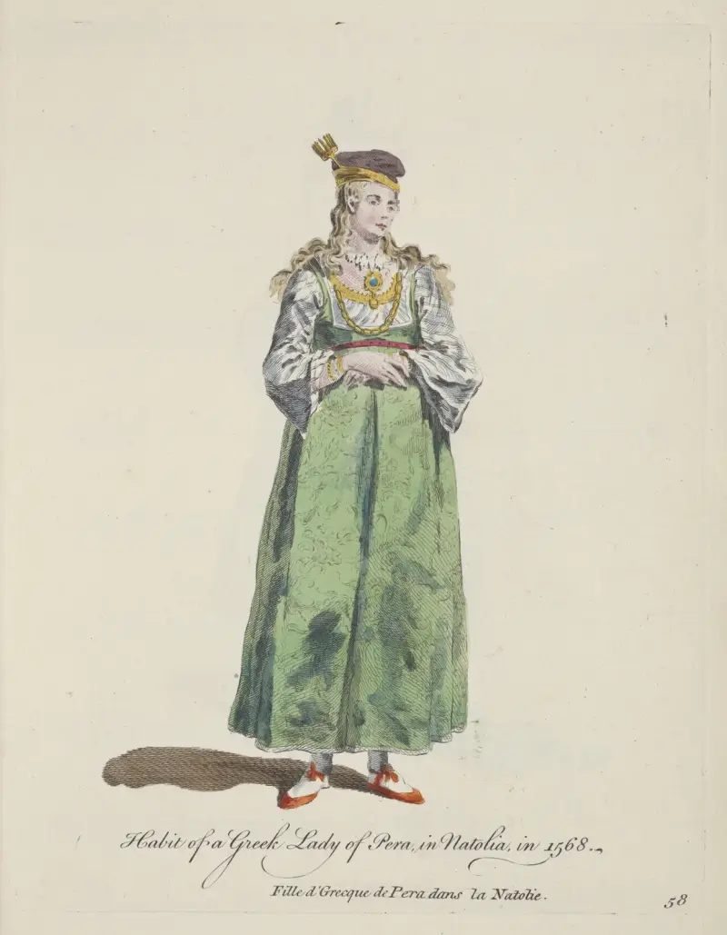 Oblečení řecké dámy z Pery v Anatolii, 1568. Dcera řecká v Anatolii, Charles Grignion
