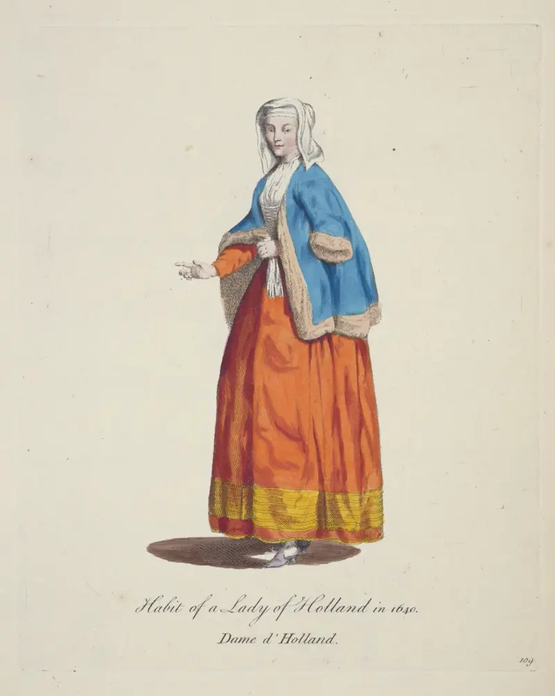 Dräkt för en dam i Holland 1640. D’ame d’Holland. av Charles Grignion