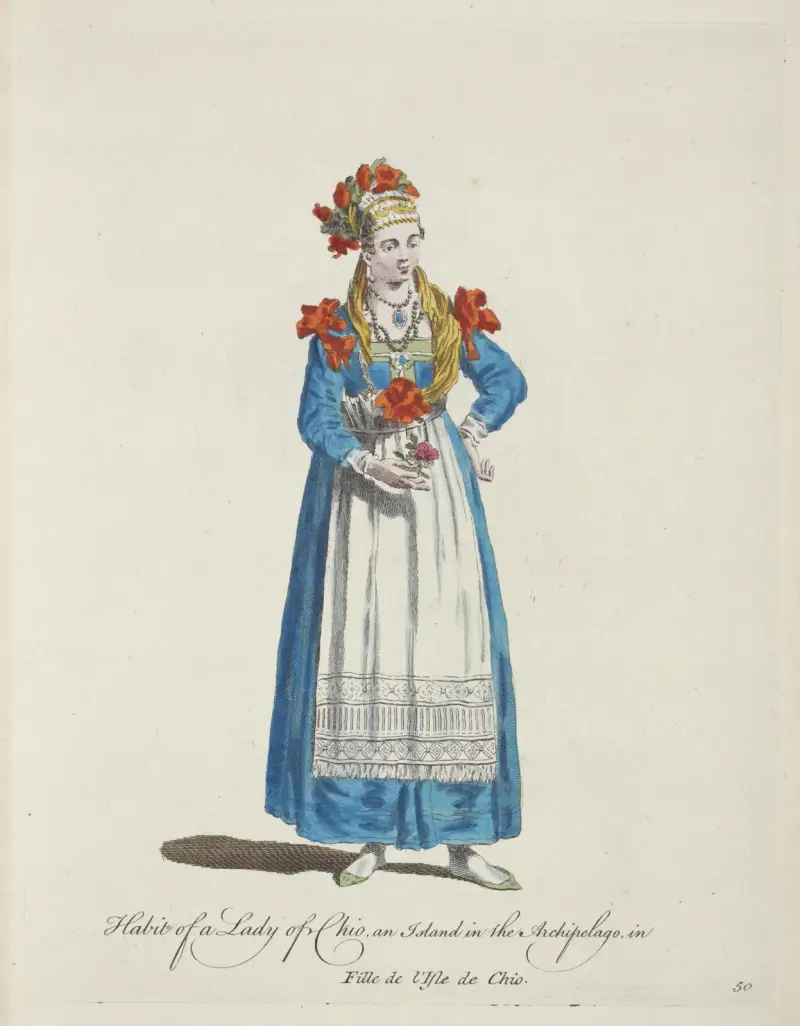 Dräkt för en dam från Chios, en ö i arkipelagen. Fille de l’Isle de Chio. av Charles Grignion