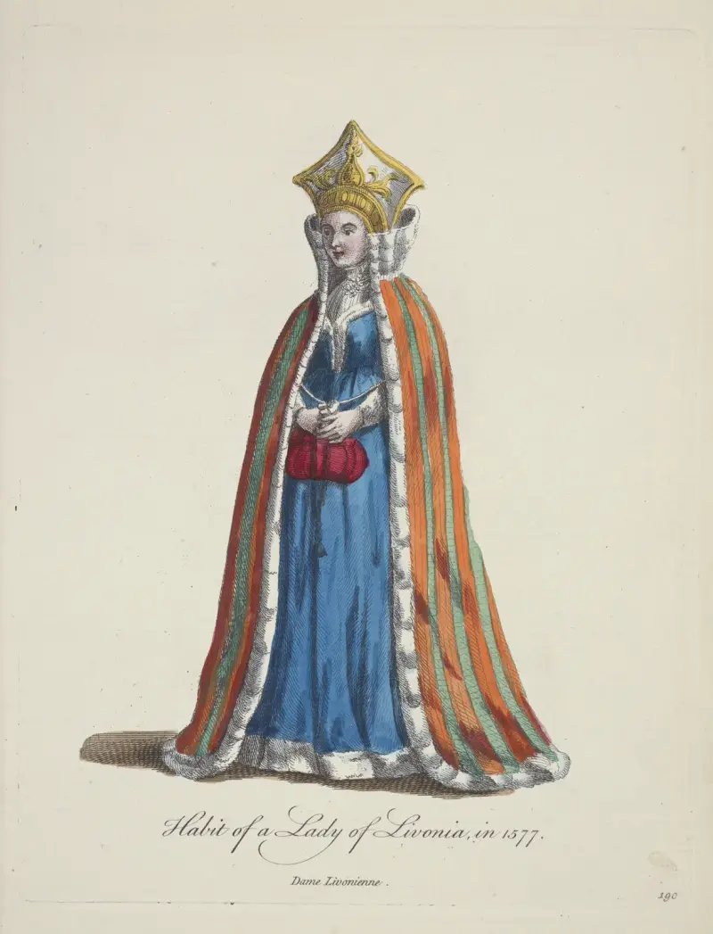 Tracht einer livländischen Dame im Jahr 1577. Dame Livonienne. von Charles Grignion