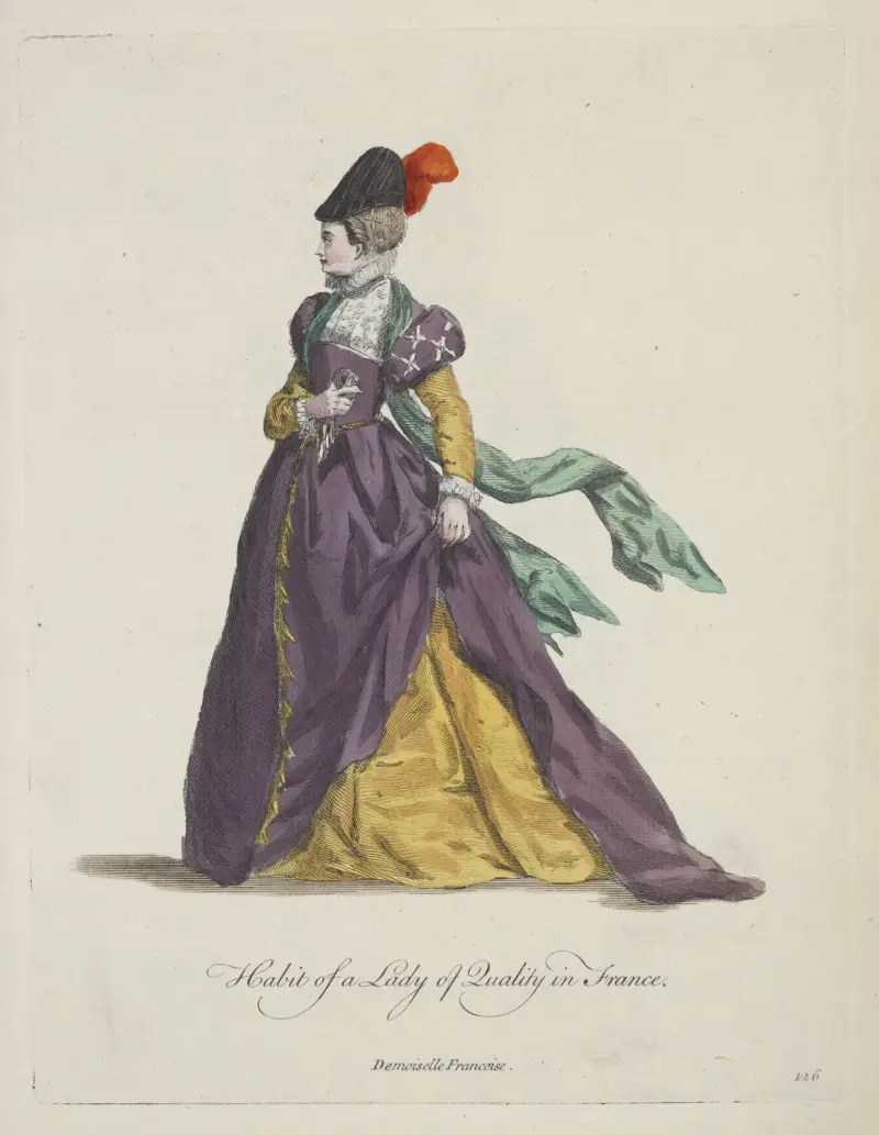 Tracht einer Dame von Stand in Frankreich. Demoiselle Francoise. von Charles Grignion