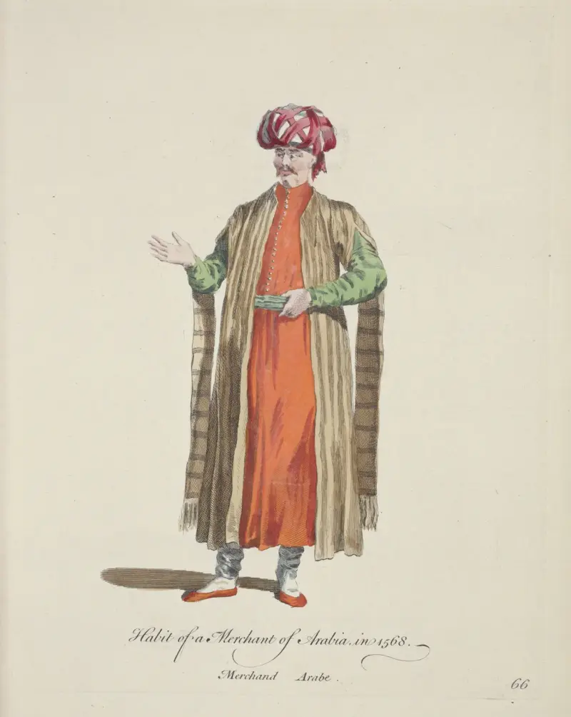 Tracht eines Kaufmanns aus Arabien im Jahr 1568. Arabischer Kaufmann. von Charles Grignion