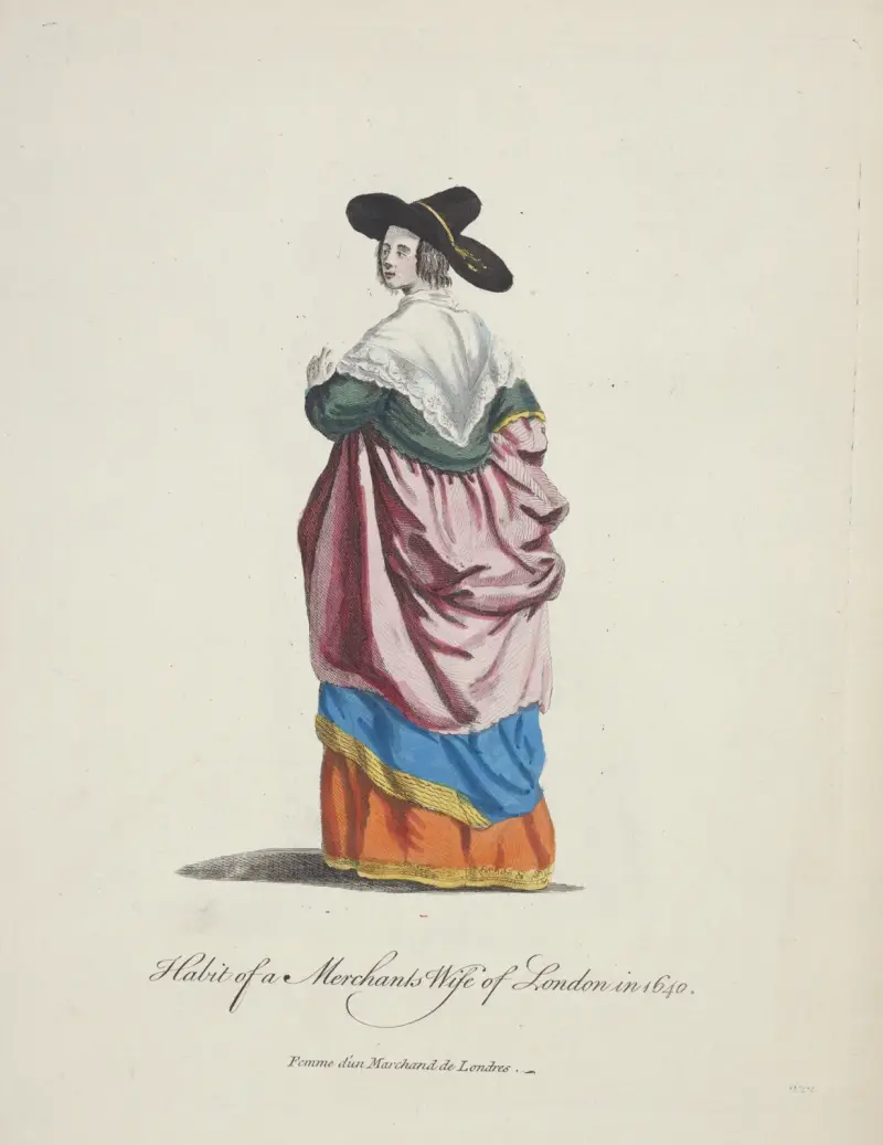 Tracht einer Kaufmannsfrau aus London im Jahr 1640. Femme d’un marchand de Londres. von Charles Grignion