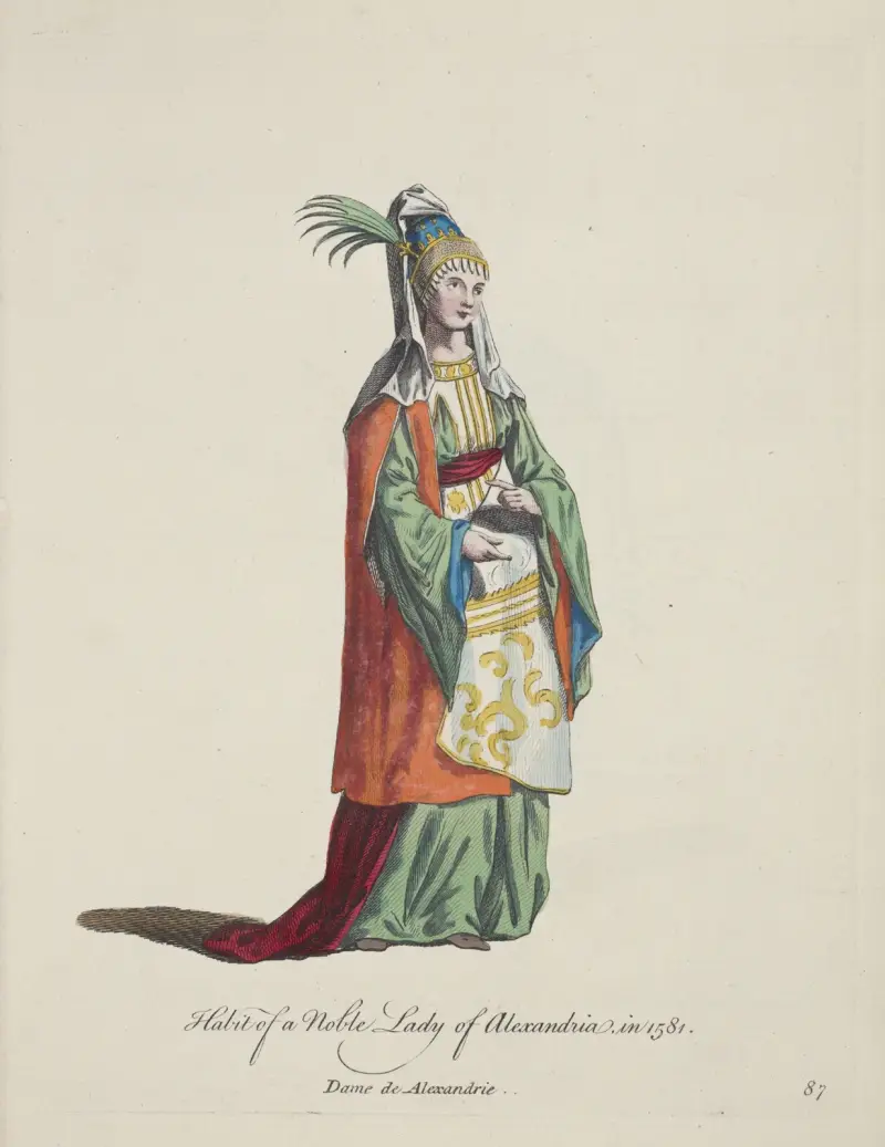 Oděv vznešené dámy z Alexandrie roku 1581. Dame de Alexandrie, Charles Grignion