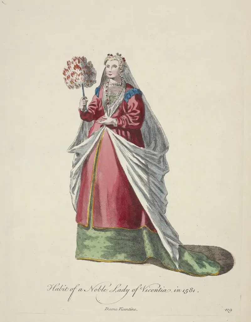Tracht einer vornehmen Dame aus Vicenza im Jahr 1581. Dame Vicentine von Charles Grignion