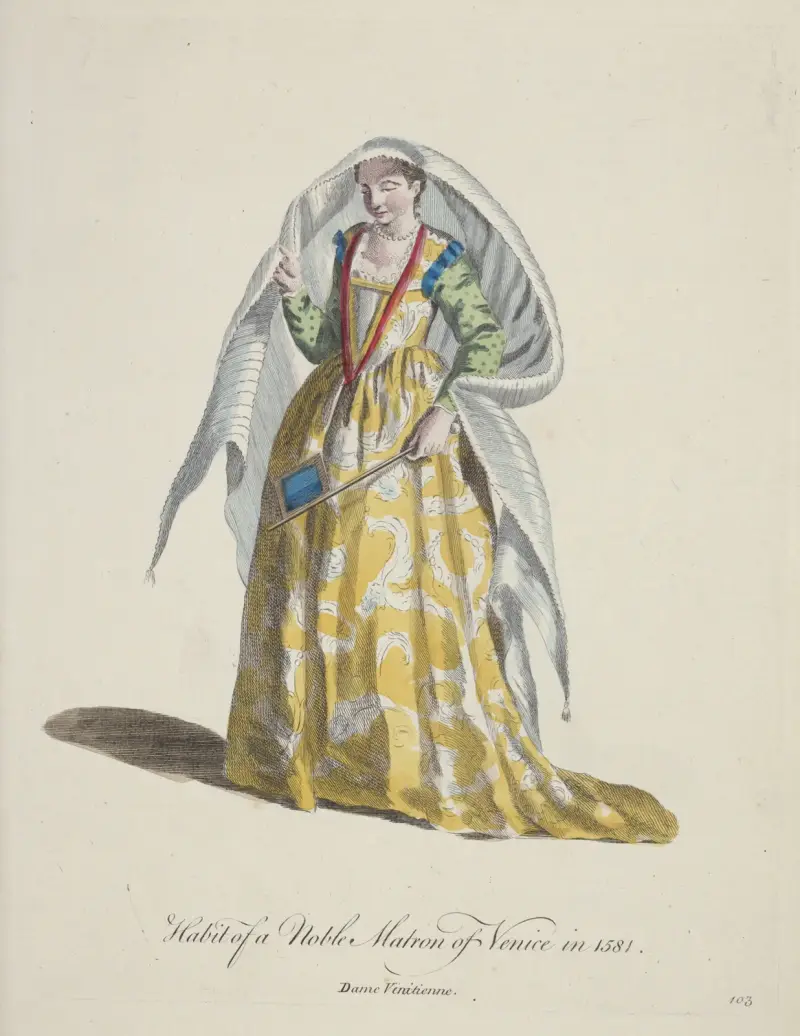 Habit of a noble matron of Venice in 1581. Dame Venitienne. av Charles Grignion