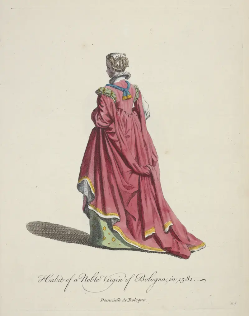 Strój szlachetnej panny z Bolonii w 1581 roku. Demoiselle de Bologne, Charles Grignion