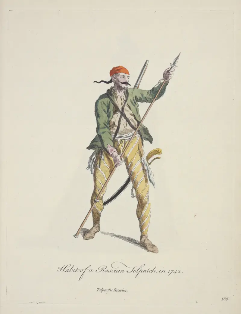 Habit of a Rascian Tolpatch in 1742. Tolpache Rascien. av Charles Grignion