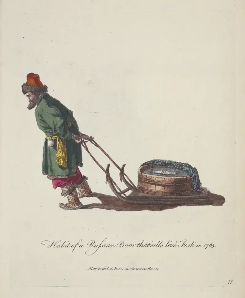 Tracht eines russischen Bauern, der 1765 lebende Fische verkauft. Marchand de poisson vivant en Russe. von Charles Grignion