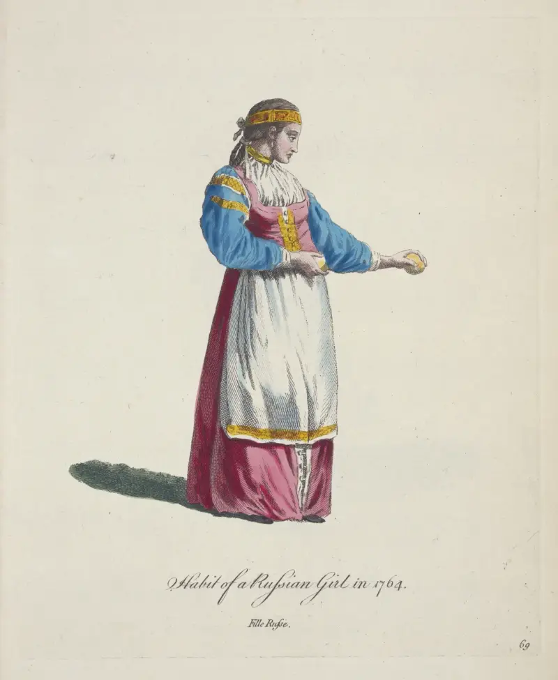 Dräkt av en rysk flicka 1764. Fille Russe. av Charles Grignion