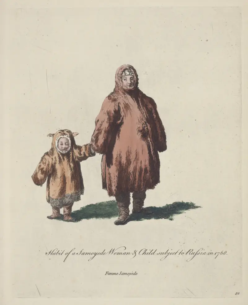 Tracht einer samojedischen Frau und eines Kindes, Russland 1768. Femme Samoyèd von Charles Grignion