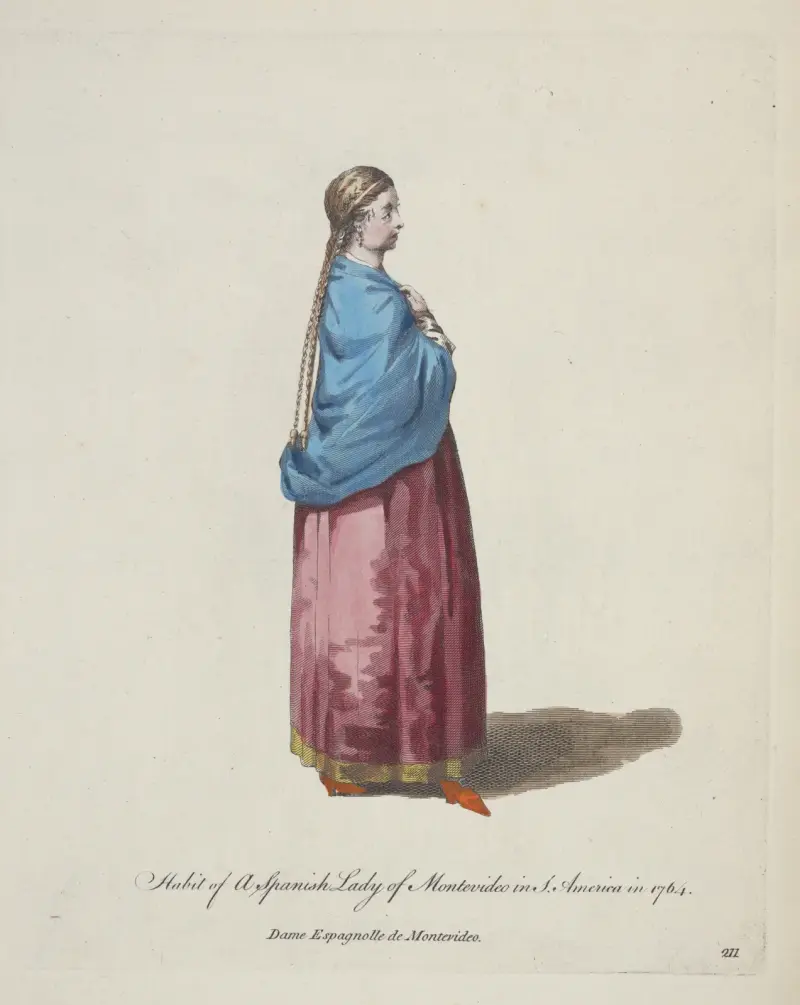 Tracht einer spanischen Dame aus Montevideo in Südamerika im Jahr 1764. Dame Espagnolle de Montevideo von Charles Grignion