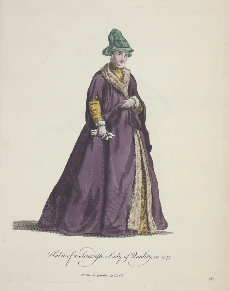 Dräkt från 1577 för en svensk adelsdam. Dame de qualite de Suedé. av Charles Grignion