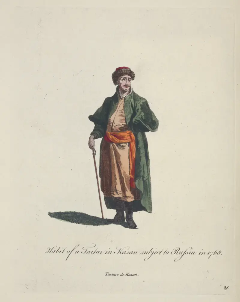 Kroj Tatara z Kazaně poddaného Rusku v roce 1768. Tartare de Kasan, Charles Grignion