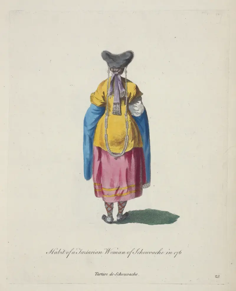 Strój kobiety tatarskiej z Szuwachii z 1768 roku. Tartare de Schouvache, Charles Grignion