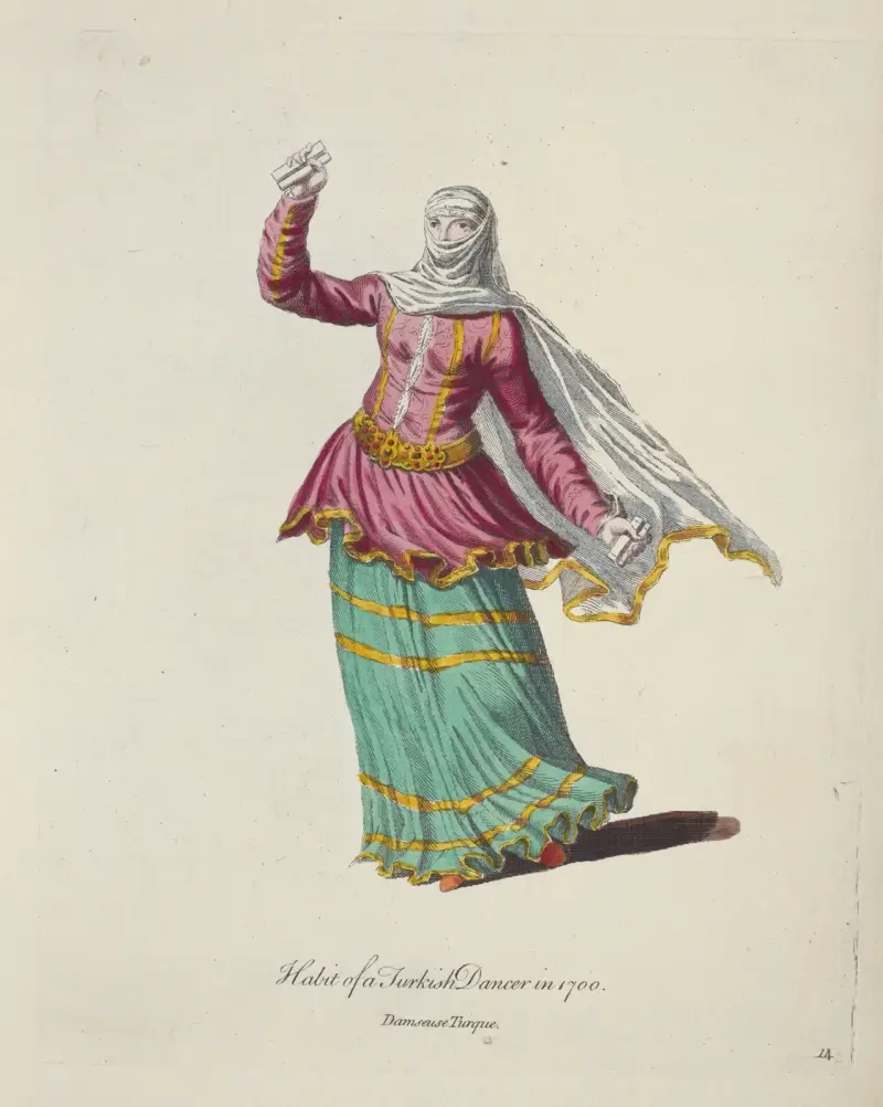 Habit of a Turkish dancer in 1700. Damseuse Turque. av Charles Grignion