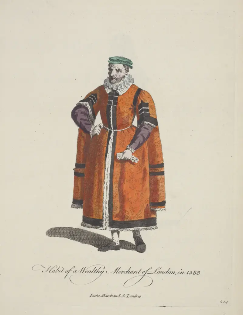 Tracht eines reichen Kaufmanns aus London im Jahr 1588 von Charles Grignion