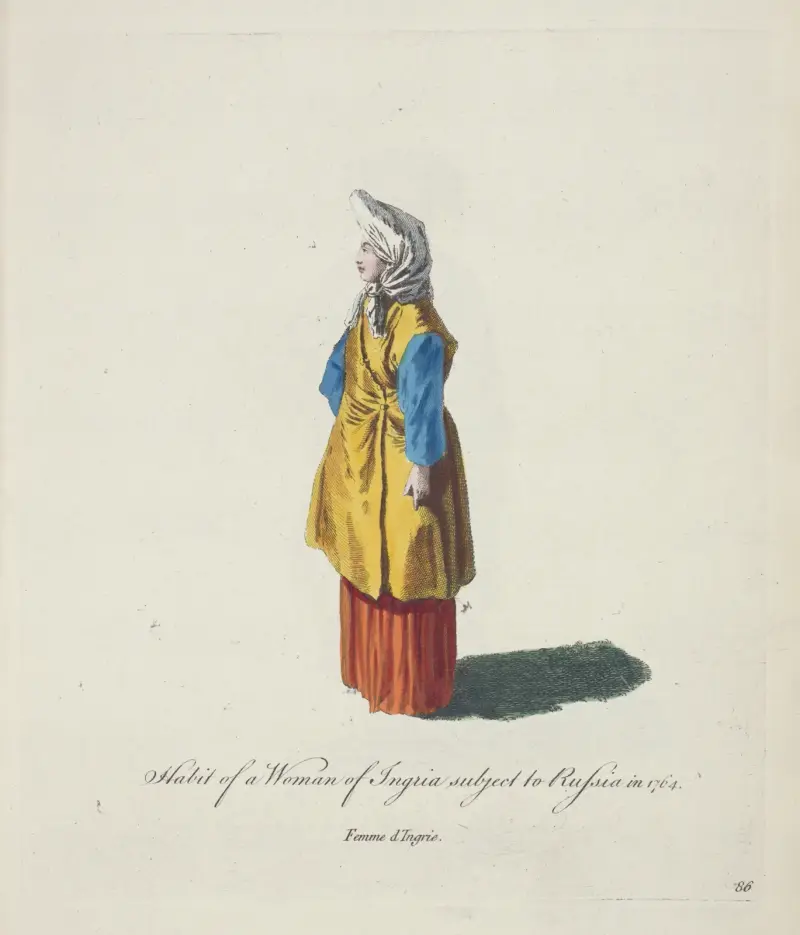 Dámský kroj z Ingermanlandu pod ruskou nadvládou roku 1764. Femme d'Ingrie, Charles Grignion