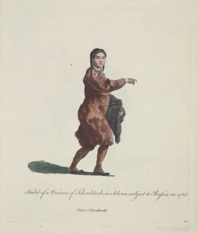 Tracht einer Frau der Tschuktschen in Sibirien, 1768 dem russischen Reich untertan. Femme Tschouktschi. von Charles Grignion