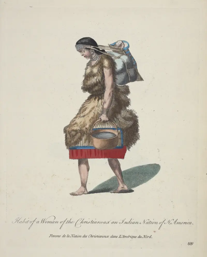 Tracht einer Frau der Christianoux, einer Indianernation Nordamerikas von Charles Grignion