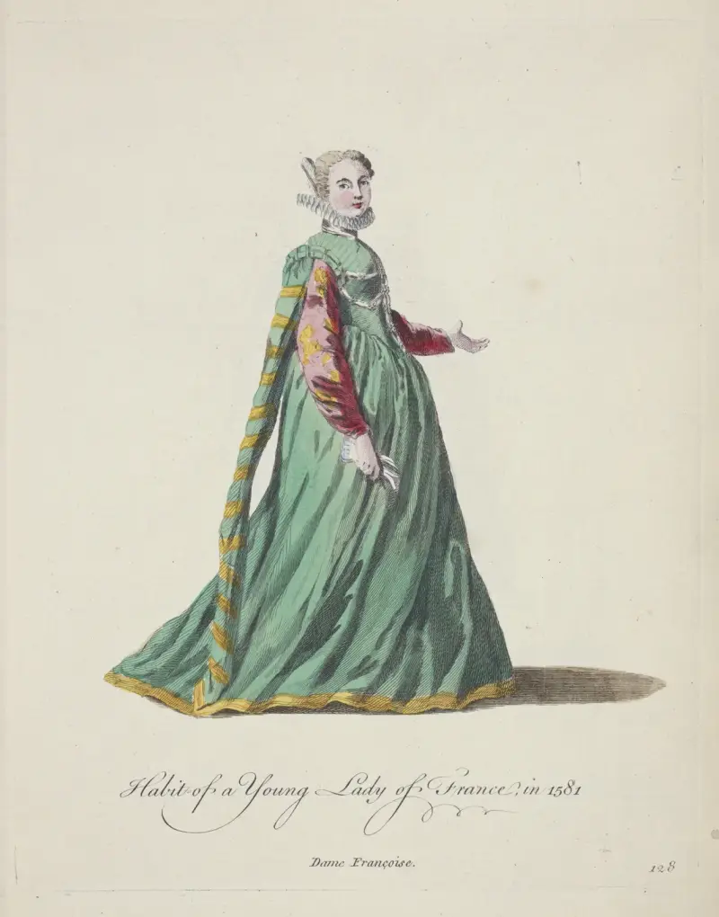 Tracht einer jungen Französin im Jahr 1581. Dame Françoise von Charles Grignion