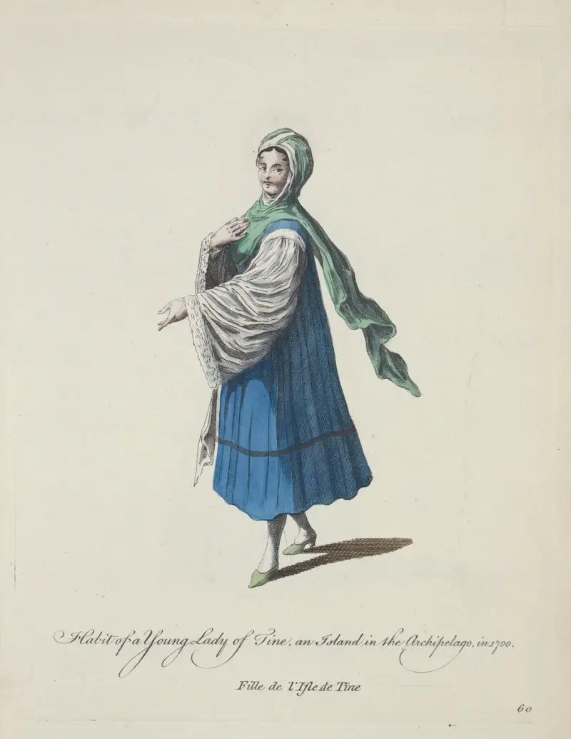 Tracht einer jungen Dame von Tine, einer Insel im Archipel, im Jahr 1700 von Charles Grignion