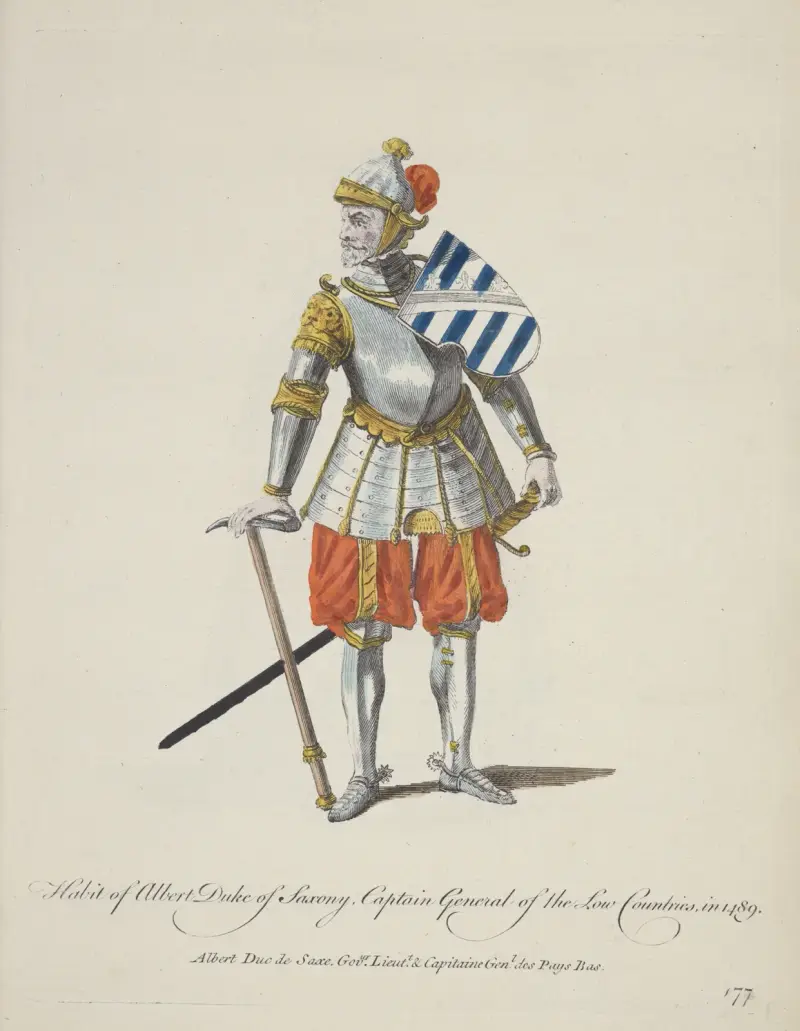 Tracht Albrechts, Herzog von Sachsen, Generalkapitän der Niederlande im Jahr 1489 von Charles Grignion