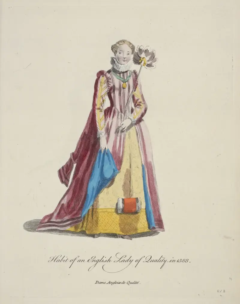 Habit of an English lady of quality in 1588. Dame Angloise de qualité. av Charles Grignion