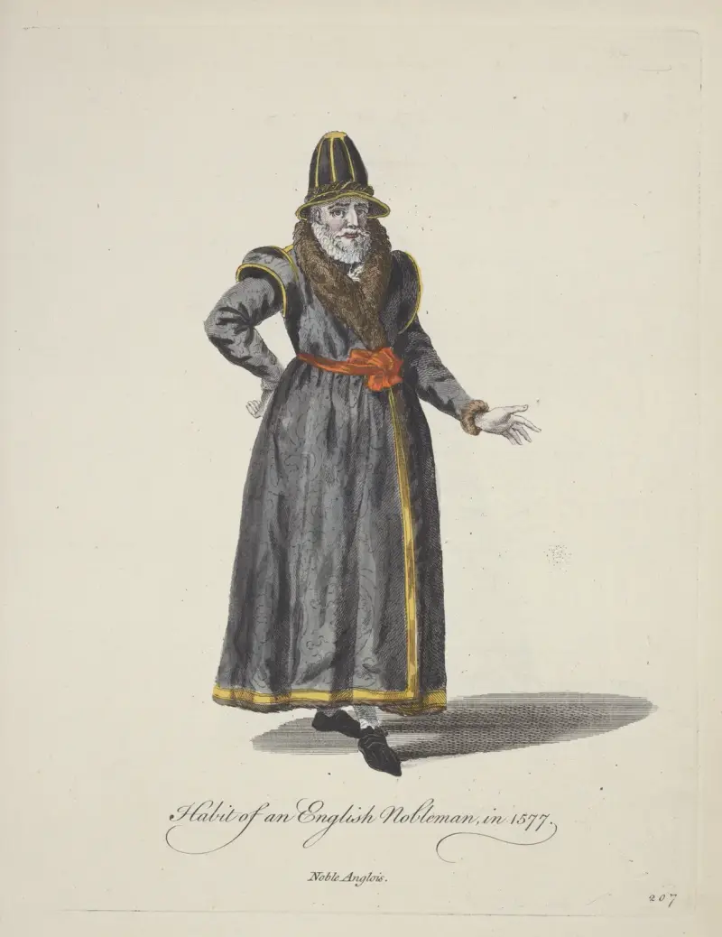 Habit of an English nobleman in 1577. Noble Anglais. av Charles Grignion