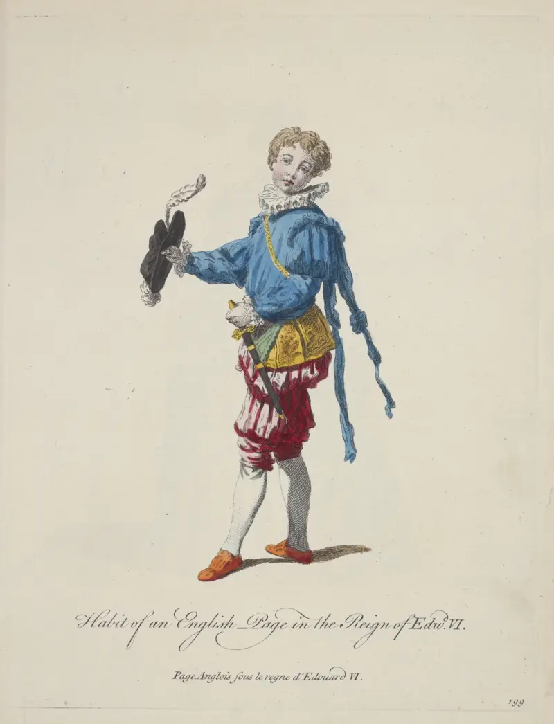 Habit of an English page in the reign of Edward VI. Page Anglois fous le regne d’Edouard VI. av Charles Grignion