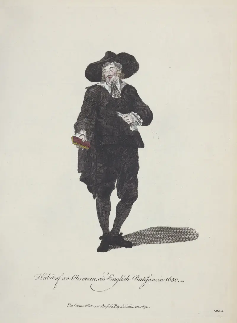 Habit of an Oliverian, an English partisan in 1650. Un Cromvelliste, ou Anglois republican, en 1650. av Charles Grignion