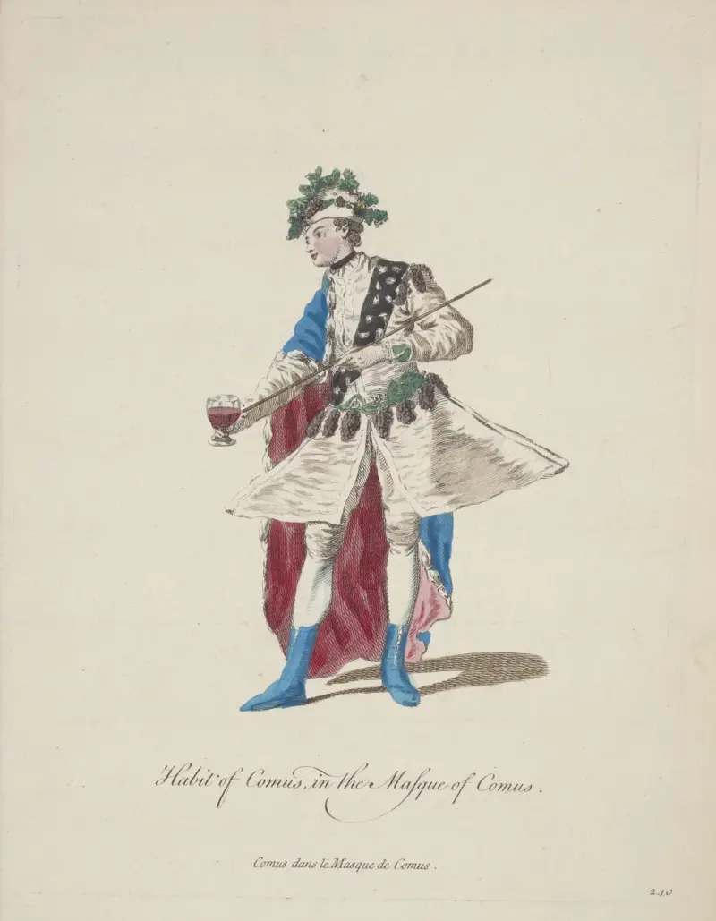 Habit of Comus in the Masque of Comus. Comus dans le Masque de Comus. av Charles Grignion