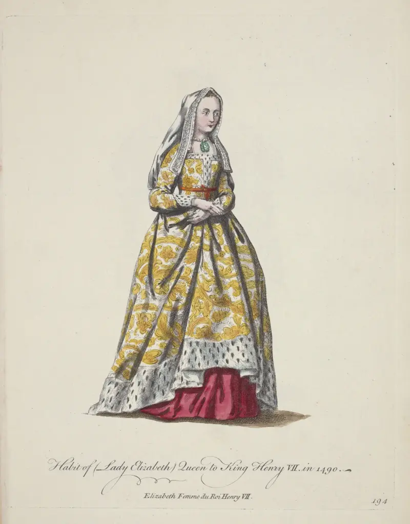 Habit of Lady Elizabeth queen to King Henry VII in 1490. Elizabeth femme du roi Henry VII. av Charles Grignion