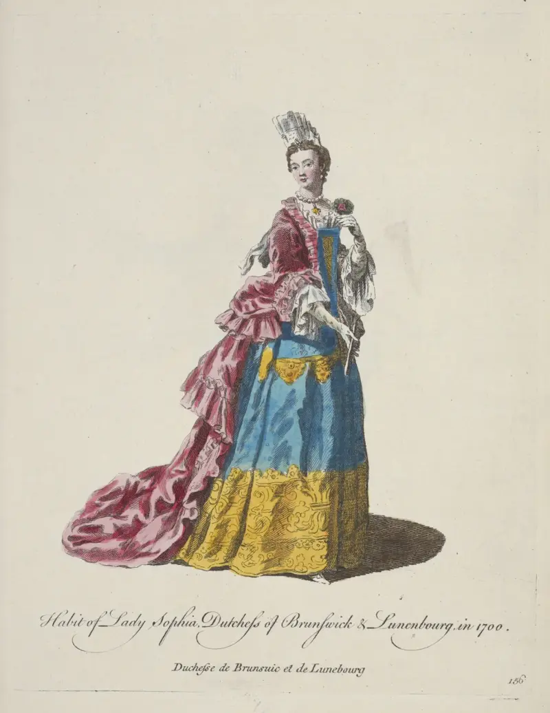 Habit of lady Sophia, Dutchess of Brunswick & Lunenbourg in 1700. Duchesse de Brunsuic et de Lunebourg. av Charles Grignion