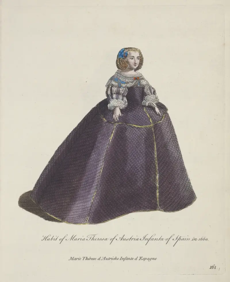 Tracht der Maria Theresia von Österreich, Infantin von Spanien, im Jahr 1660. Marie Thérese d’Autriche Infante d’Espagne. von Charles Grignion