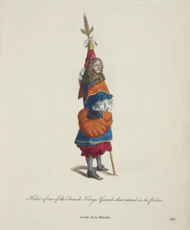 Kroj člena francouzské královské gardy sloužícího v paláci. Garde de la manche, Charles Grignion