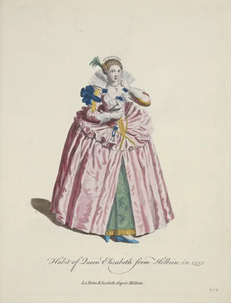 Habit of Queen Elizabeth from Holbein in 1551. La reine Elizabeth d’aprés Holbein. av Charles Grignion