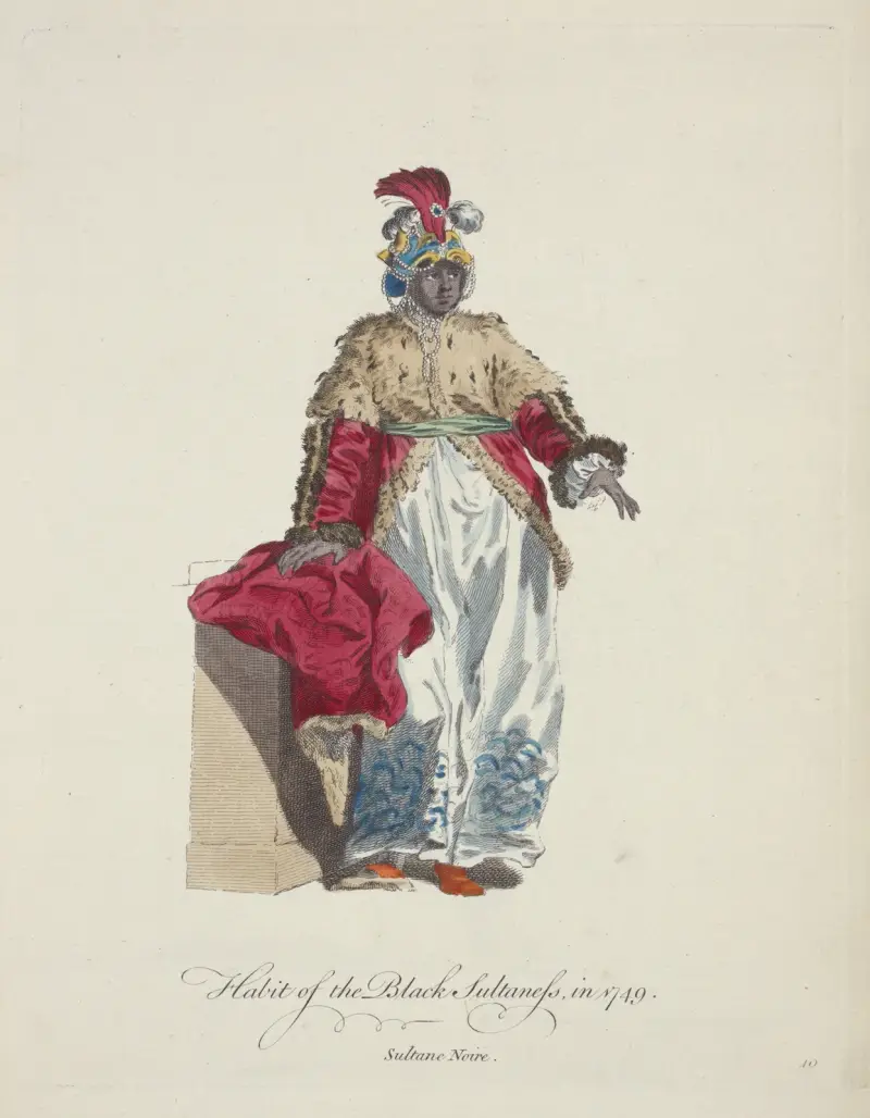 Habit of the black sultaness in 1749. Sultane noire av Charles Grignion