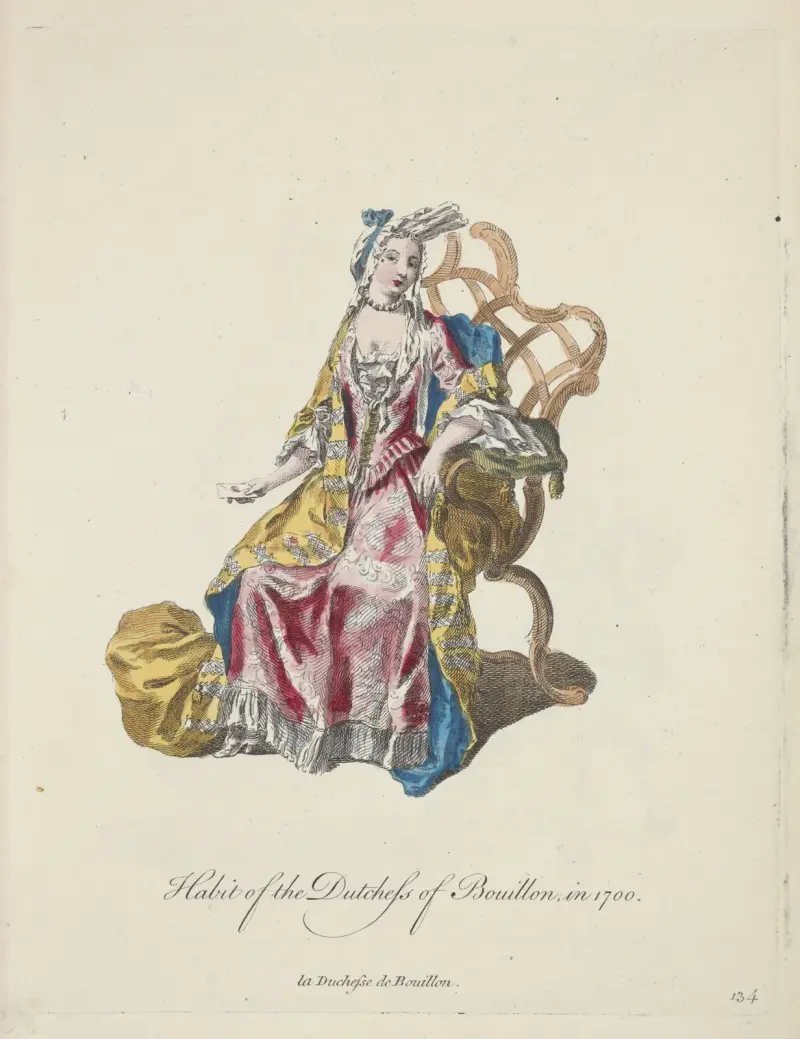 Strój księżnej de Bouillon z 1700 roku. La Duchesse de Bouillon, Charles Grignion