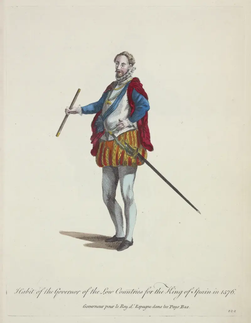 Tracht des Gouverneurs der Niederlande für den König von Spanien 1576 von Charles Grignion