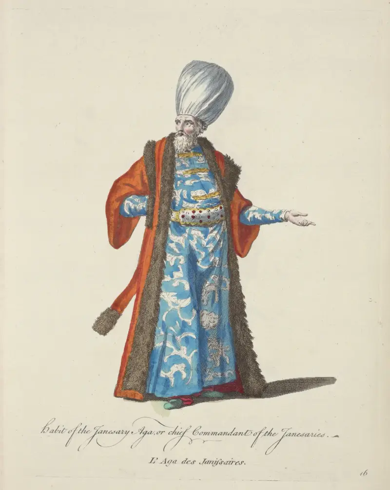Tracht des Janitscharen-Aga, oder Oberbefehlshaber der Janitscharen. L’Aga des Janissaires von Charles Grignion